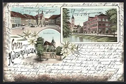 Lithographie Hildburghausen, Marktplatz, Stadtkirche, Maschinen u. Elektrotechnische Schule