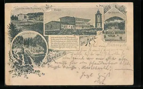 Vorläufer-AK Brocken, 1895, Hotel und Turm, Schutzhütte auf dem Benneckenberge, Hotel Hohnstein, Ganzsache