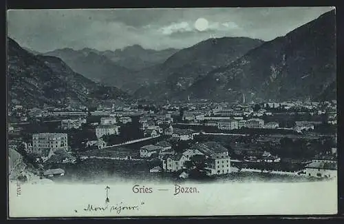 Mondschein-AK Gries-Bozen, Ortsansicht gegen das Gebirge