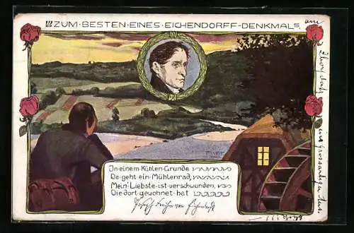 Künstler-AK Joseph von Eichendorff, Mühle mit Blick ins Tal