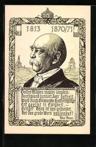 Künstler-AK Portrait von Otto von Bismarck im Halbprofil, Gedicht von Max Bewer