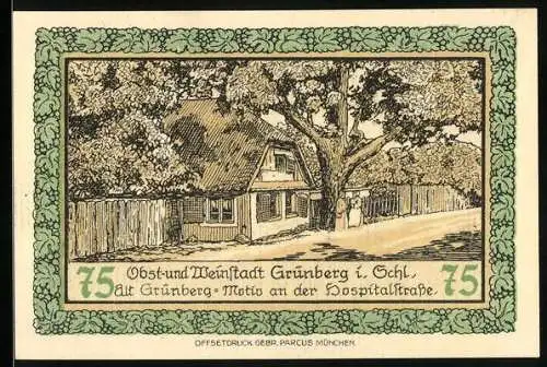 Notgeld Grünberg i. Schlesien 1921, 75 Pfennig, Hospitalstrasse in Alt-Grünberg