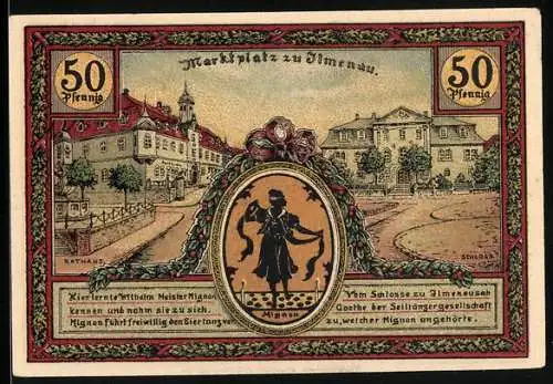 Notgeld Ilmenau 1921, 50 Pfennig, Marktplatz und Turm auf dem Kickelhahn