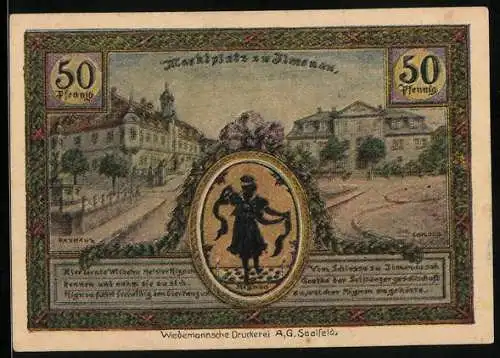 Notgeld Ilmenau 1921, 50 Pfennig, Marktplatz und Turm auf dem Kickelhahn