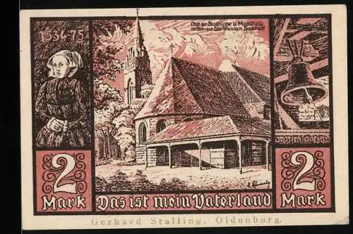 Notgeld Jever i. Old., 2 Mark, Frau in Tracht, Stadtkirche und Markthalle, Glocke