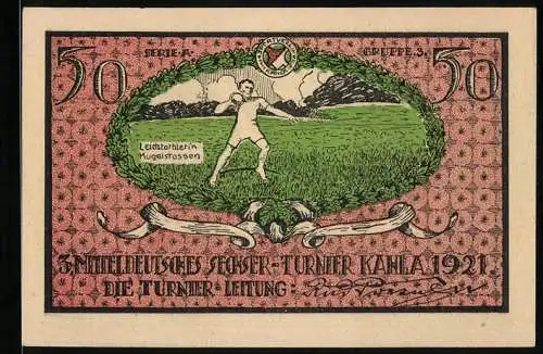 Notgeld Kahla 1921, 50 Pfennig, 3. Mitteldeutsches Sechser-Turnier, Kugelstosser auf der Wiese