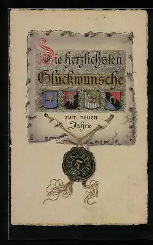 AK Neujahr, Urkunde mit Zeichen des Glückes wie Klee und Hufeisen