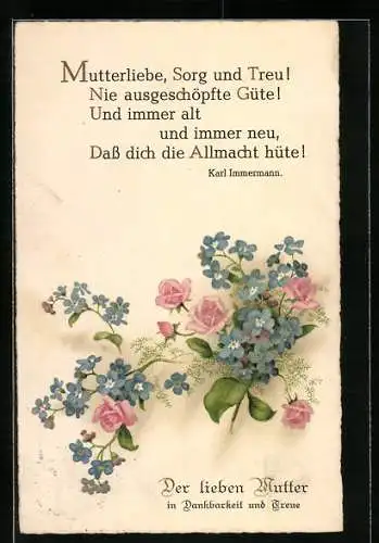 AK Vergissmeinnicht und Rosen, Gedicht zum Muttertag