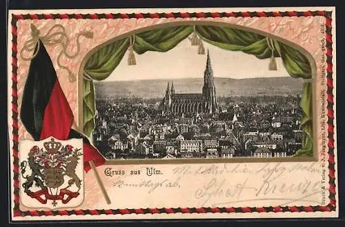 Passepartout-Lithographie Ulm / Donau, Panorama und Wappen