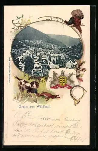 Passepartout-Lithographie Bad Wildbad, Panorama, Hund reisst Vogel und Hasen, Wappen