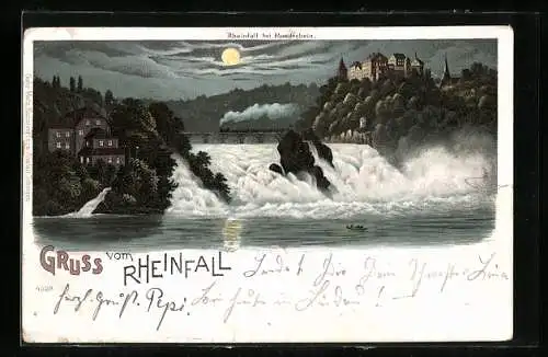 Lithographie Rheinfall, Gesamtansicht bei Vollmond