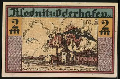 Notgeld Klodnitz-Oderhafen 1921, 2 Mark, Zur Erinnerung an die Abstimmung 1921