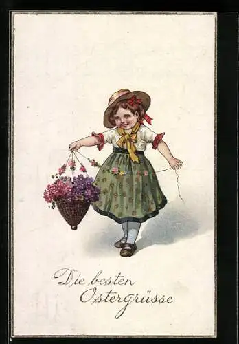 AK Fröhliches Mädchen mit Blumenstrauss an Ostern