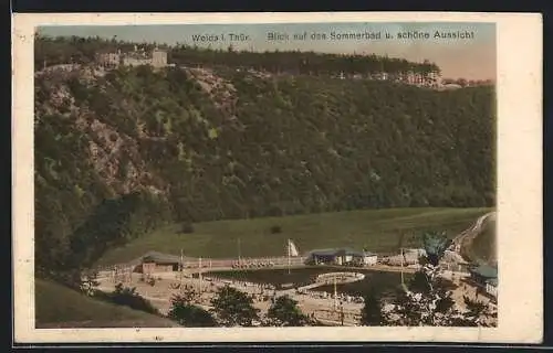 AK Weida /Th., Sommerbad und Schöne Aussicht aus der Vogelschau