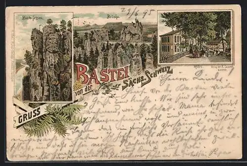 Vorläufer-Lithographie Bastei /Sächsische Schweiz, 1895, Basteifelsen, Hotel, Brücke