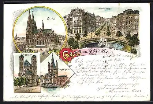 Lithographie Köln, Hohenstaufenring, Dom und St. Martinkirche