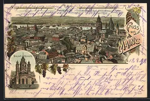 Lithographie Mainz, Dom westl. Choransicht, Gesamtansicht der Stadt