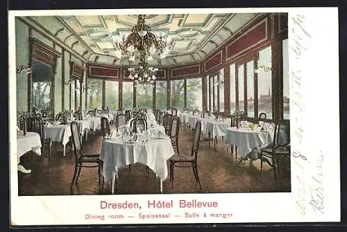 Lithographie Dresden, Hotel Bellevue, Blick in den Speisesaal