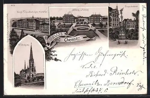 Lithographie Chemnitz, Königl. Techn. Staats-Lehr-Anstalten, Schlacht- und Viehhof, Siegesdenkmal, St. Petrikirche