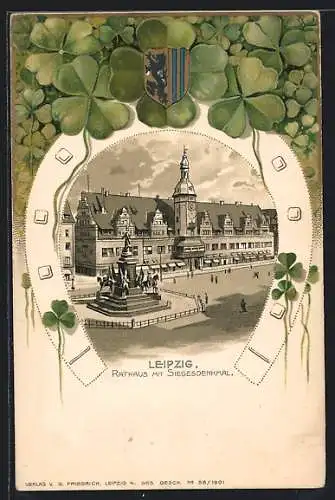 Passepartout-Lithographie Leipzig, Rathaus mit Siegesdenkmal, Wappen und Kleeblätter