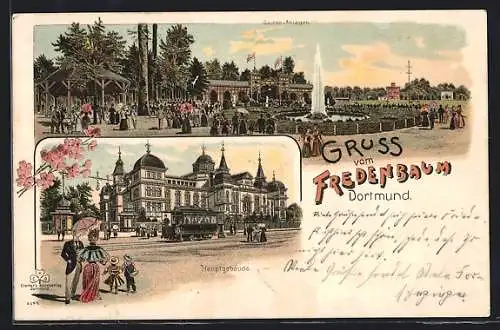 Lithographie Dortmund, Restaurant Fredenbaum mit Garten, Strassenbahn