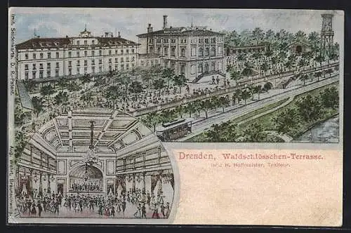 Lithographie Dresden-Neustadt, Waldschlösschen-Terrasse, Inh. H. Hoffmeister