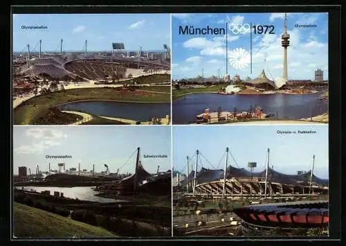 AK München, Olympia 1972, Olympiastadion, Olympia- u. Radstadion, Olympiaturm, Stadion u. Schwimmhalle