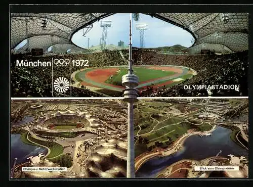 AK München, Olympia 1972, Olympia- u- Mehrzweckstadion, Blick vom Olympiaturm