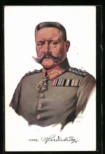 Künstler-AK Paul von Hindenburg in Uniform mit Ordenspange