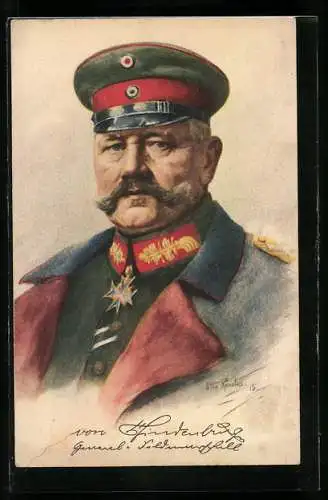 AK Porträt Generalfeldmarschall Paul von Hindenburg in Uniform mit Schirmmütze u. Pour le merite