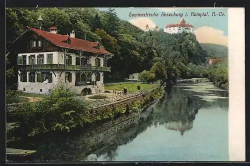 AK Rosenburg i. Kamptal, Flusspartie mit Haus und Burgblick