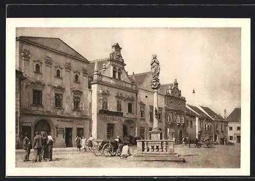 AK Eggenburg, Ortspartie mit Apfelthaler, Statue