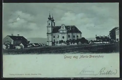 Mondschein-AK Maria-Dreieichen, Ortspanorama mit Kirche