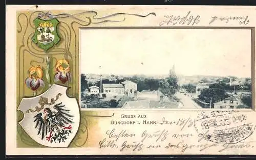 Passepartout-Lithographie Burgdorf i. Hann., Blick über die Dächer, Wappen und Lilien