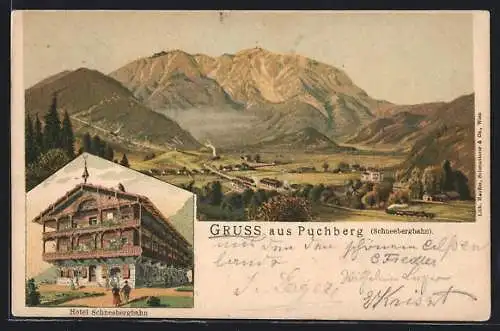 Lithographie Puchberg, Bergpanorama mit Hotel Schneebergbahn