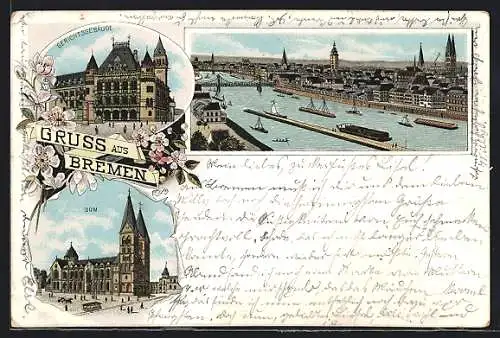 Lithographie Bremen, Totalansicht, Dom, Gerichtsgebäude