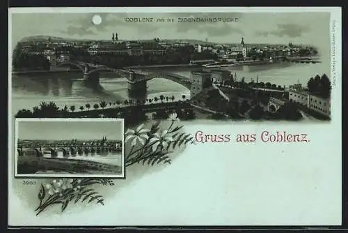 Mondschein-Lithographie Coblenz, Gesamtansicht mit der Eisenbahnbrücke