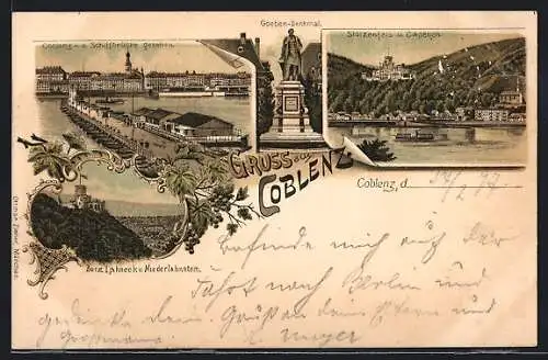 Lithographie Coblenz, Stolzenfels und Capellen, Goeben-Denkmal und Burg Lameck