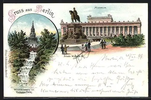 Lithographie Berlin-Kreuzberg, Museum mit Denkmal Friedrich Wilhelm III., Wassersturz im Victoria-Park