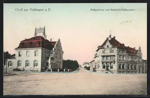 AK Vaihingen a. F., Bahnhofs-Restaurant und Postgebäude