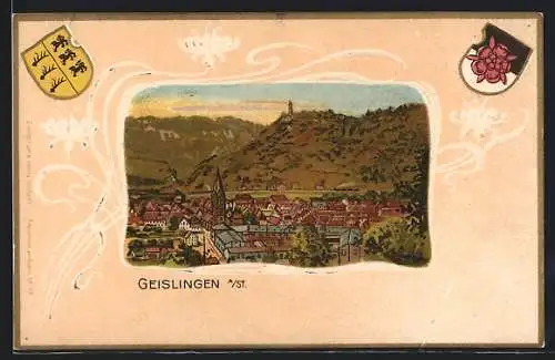 Passepartout-Lithographie Geislingen a. St., Panoramablick auf den Ort, Wappen