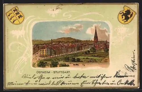 Passepartout-Lithographie Stuttgart-Ostheim, Blick über den Ort, Wappen