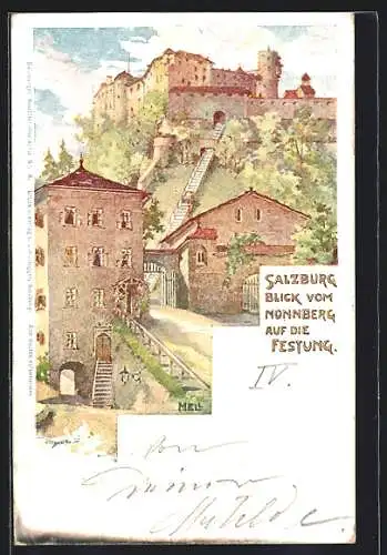 Lithographie Salzburg, Blick vom Nonnberg auf die Festung