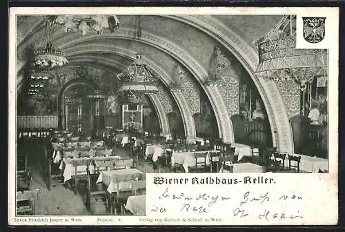 AK Wien, Gasthaus Rathaus-Keller, Innenansicht, Wappen