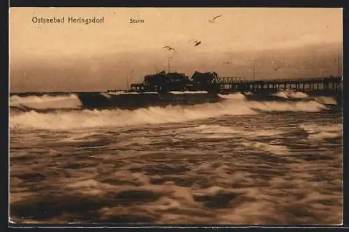 AK Heringsdorf, Ostseebad, Kaiser Wilhelm-Brücke bei Sturm