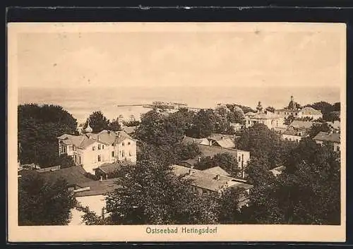 AK Heringsdorf / Ostseebad, Blick über Dächer und Seebrücke