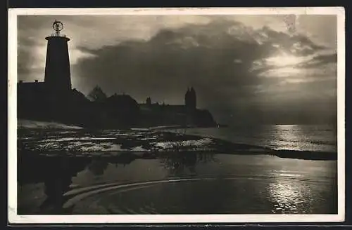 AK Düsseldorf-Kaiserswerth, Rheinansicht mit Turm am Abend