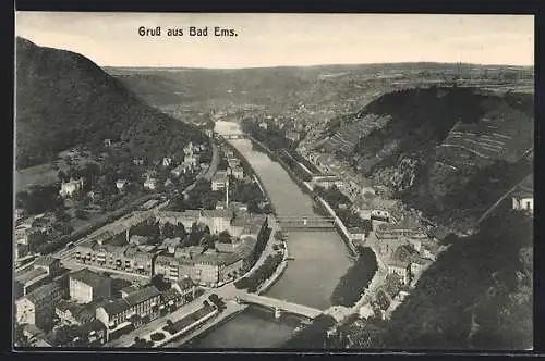 AK Bad Ems, Teilansicht mit Flusspartie aus der Vogelschau