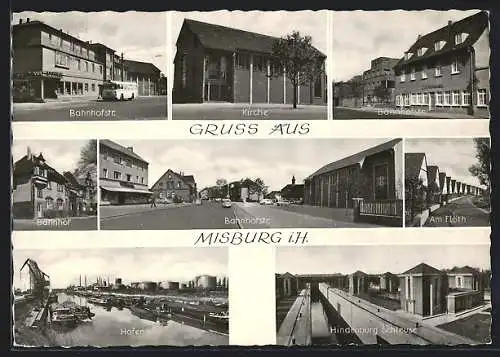 AK Misburg, Bahnhofstrasse, Kirche, Bahnhof, Hafen