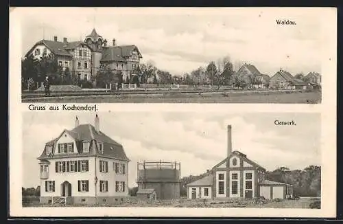 AK Kochendorf / Württ., Gaswerk-Panorama, Ortspanorama Waldau mit Bahnschienen und Turmgebäude